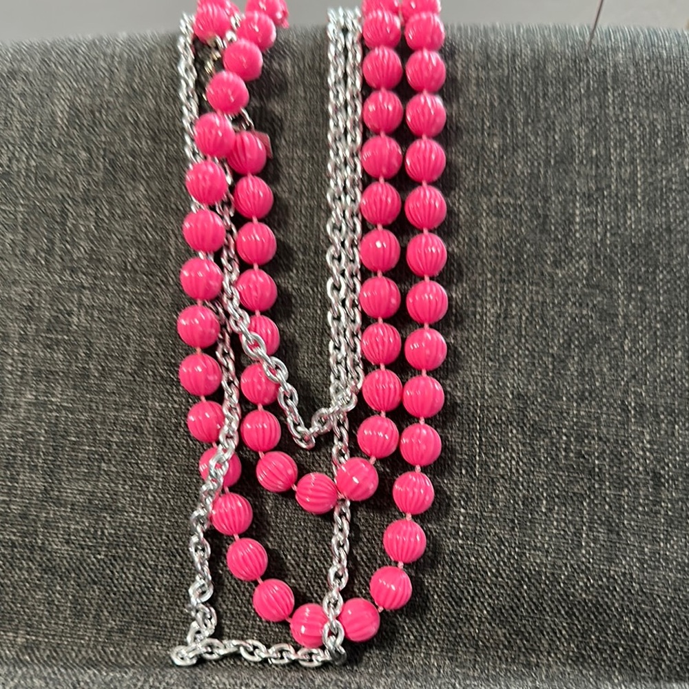 Pink Beaded Necklace with Silver Chain